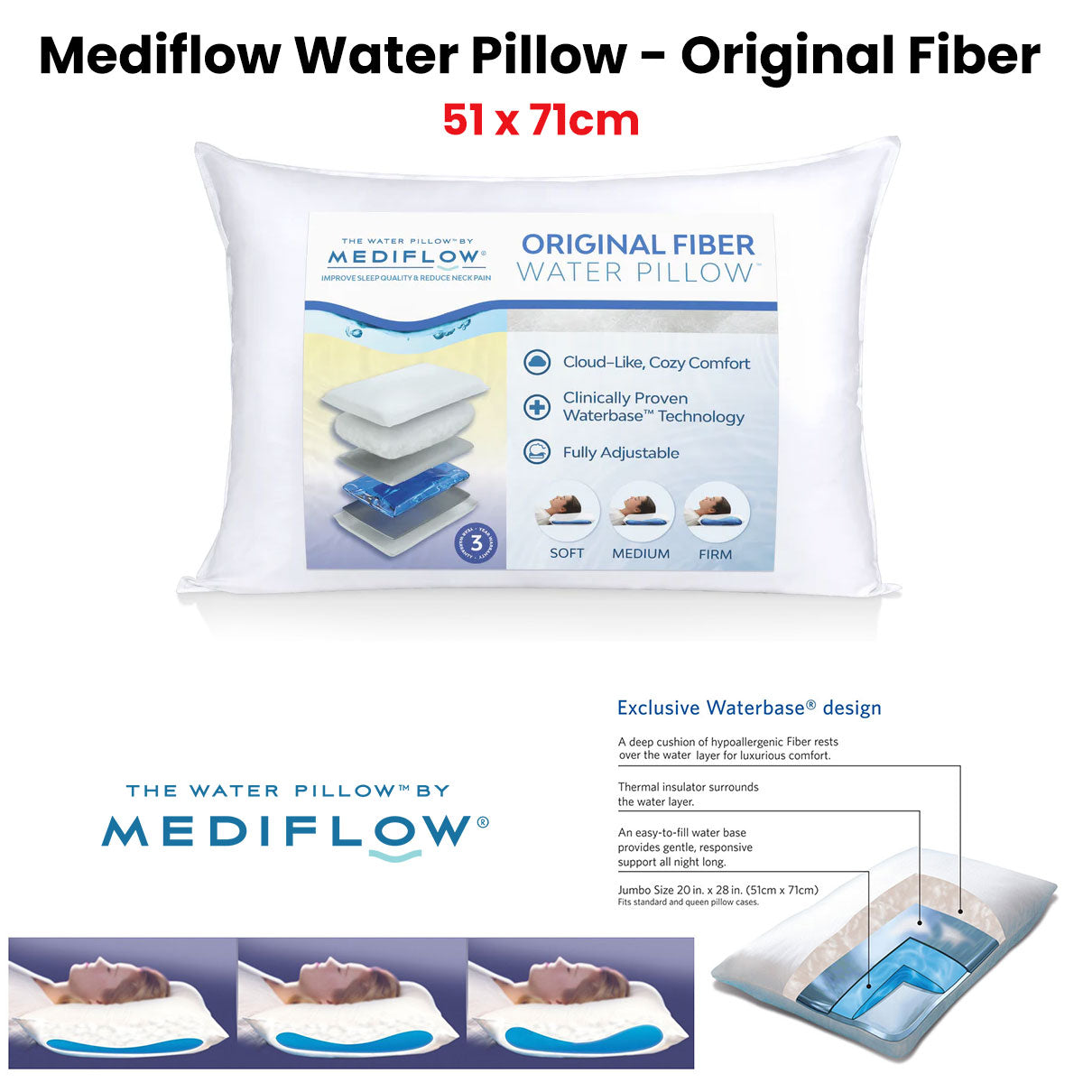 Adjustable Waterbase Water Neck Pain Reduction Standard Pillow 51 x 71 cm