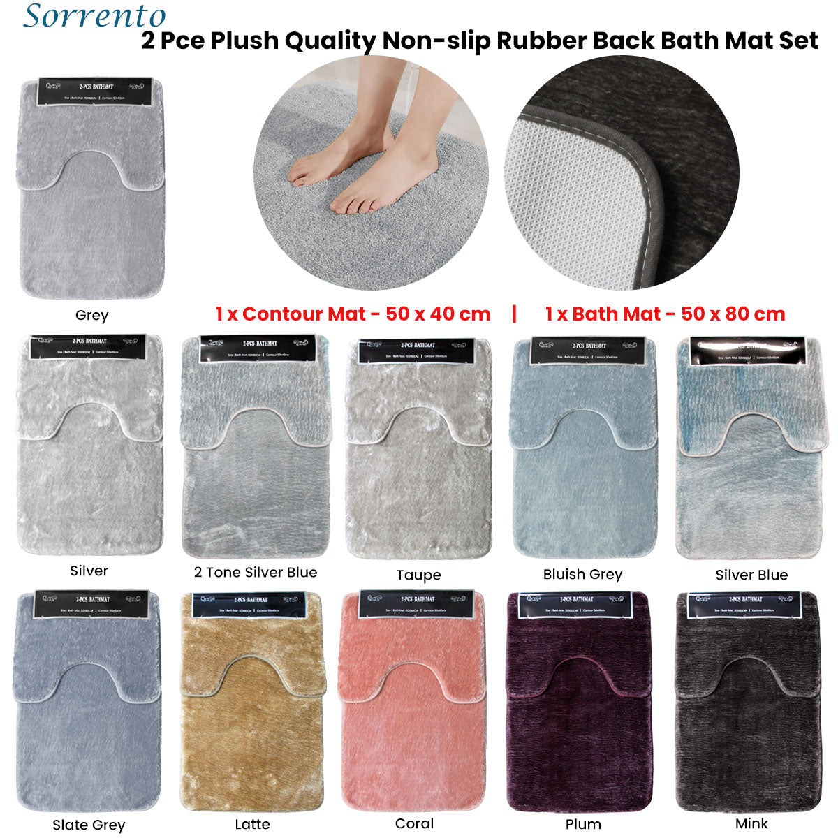 2 Pce Sorrento Plush Quality Non-slip Rubber Back Bath Mat Set Latte