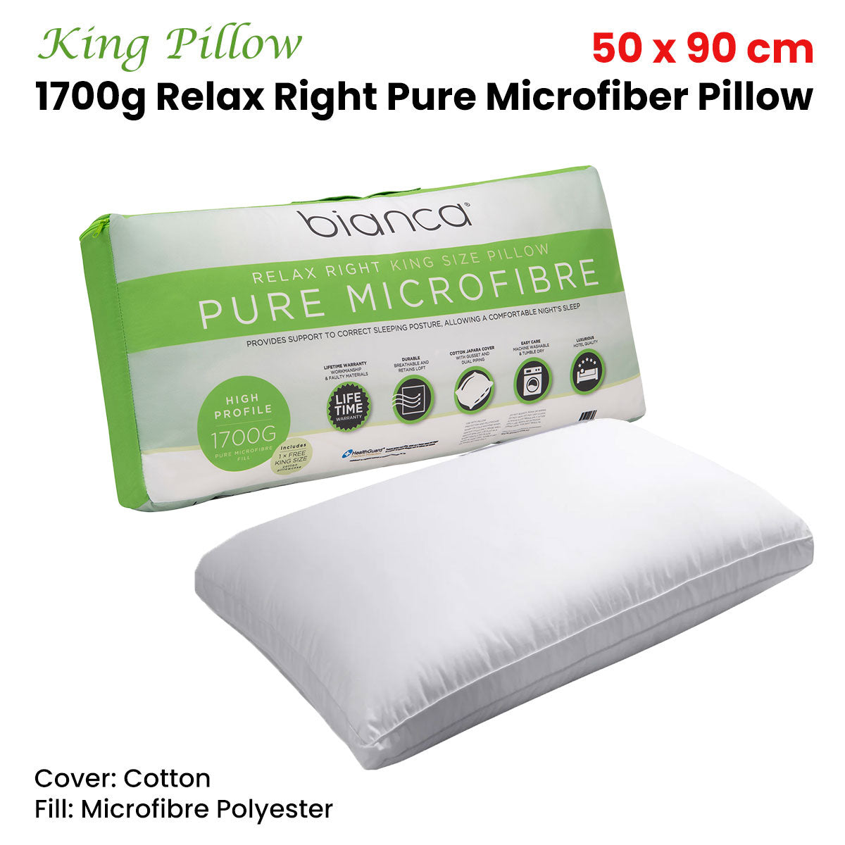 Bianca 1700g Relax Right Pure Microfiber King Pillow 50 x 90cm