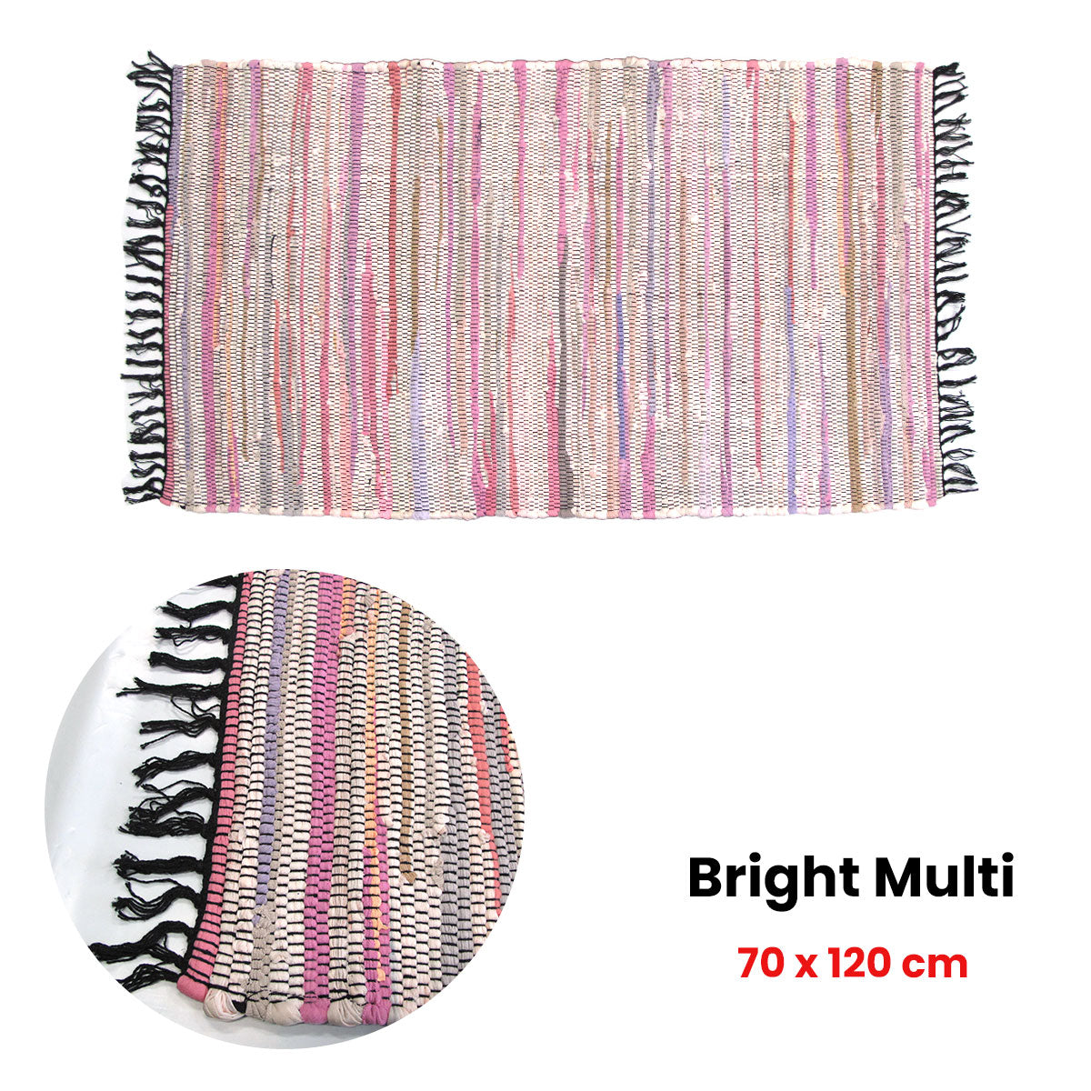 Tonal Chindi Cotton Handmade Floor Mat with Tassels 70 x 120 cm Bright Multi