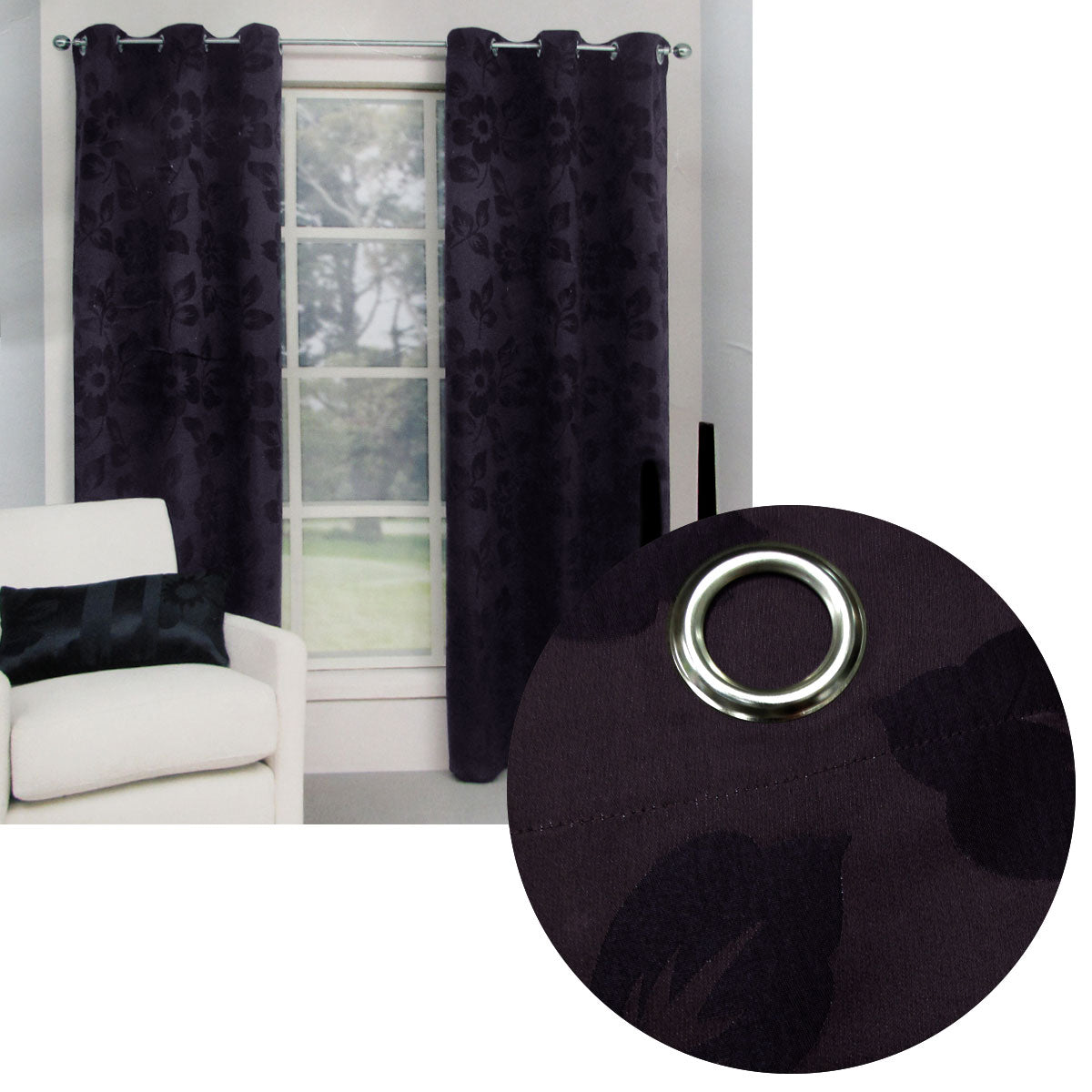 Provincial Pair of Eyelet unlined Jacquard Curtains 120 x 220cm each Aubergine