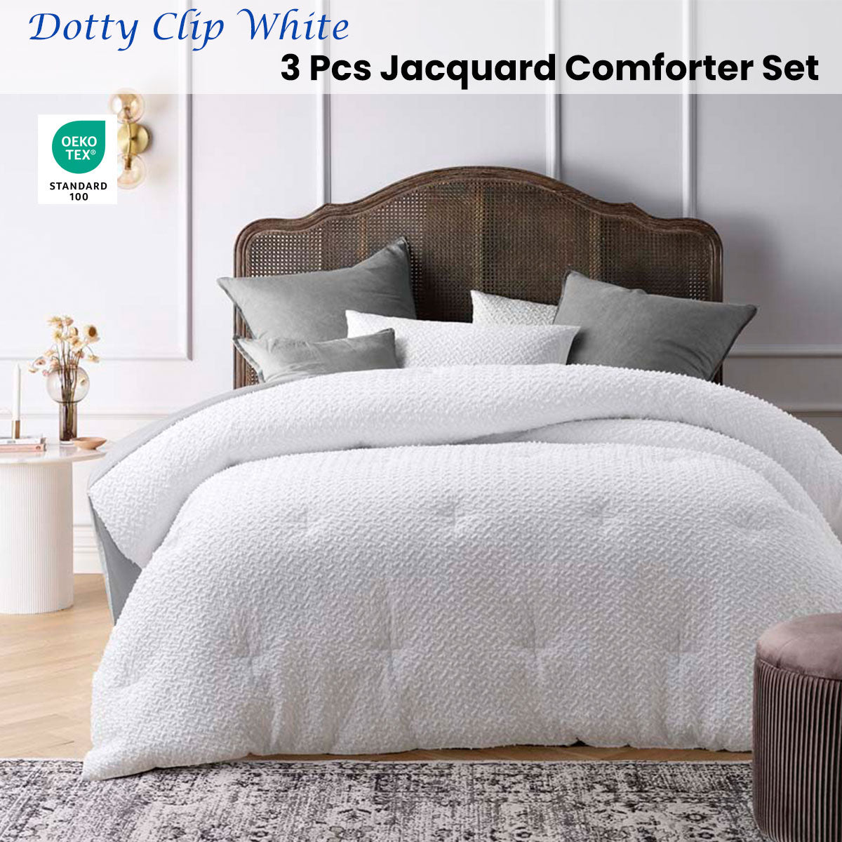 Dotty Clip White 3 Piece Jacquard Comforter Set Queen