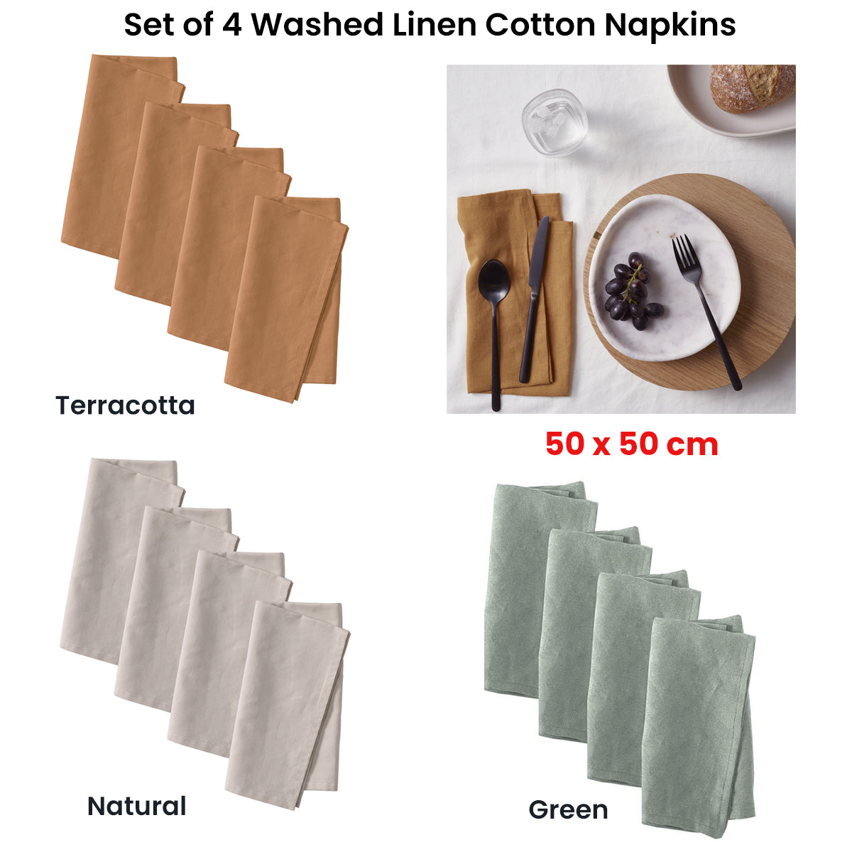 Vintage Design Homewares Set of 4 Washed Linen Cotton Square Napkins Terracotta 50cm x 50cm