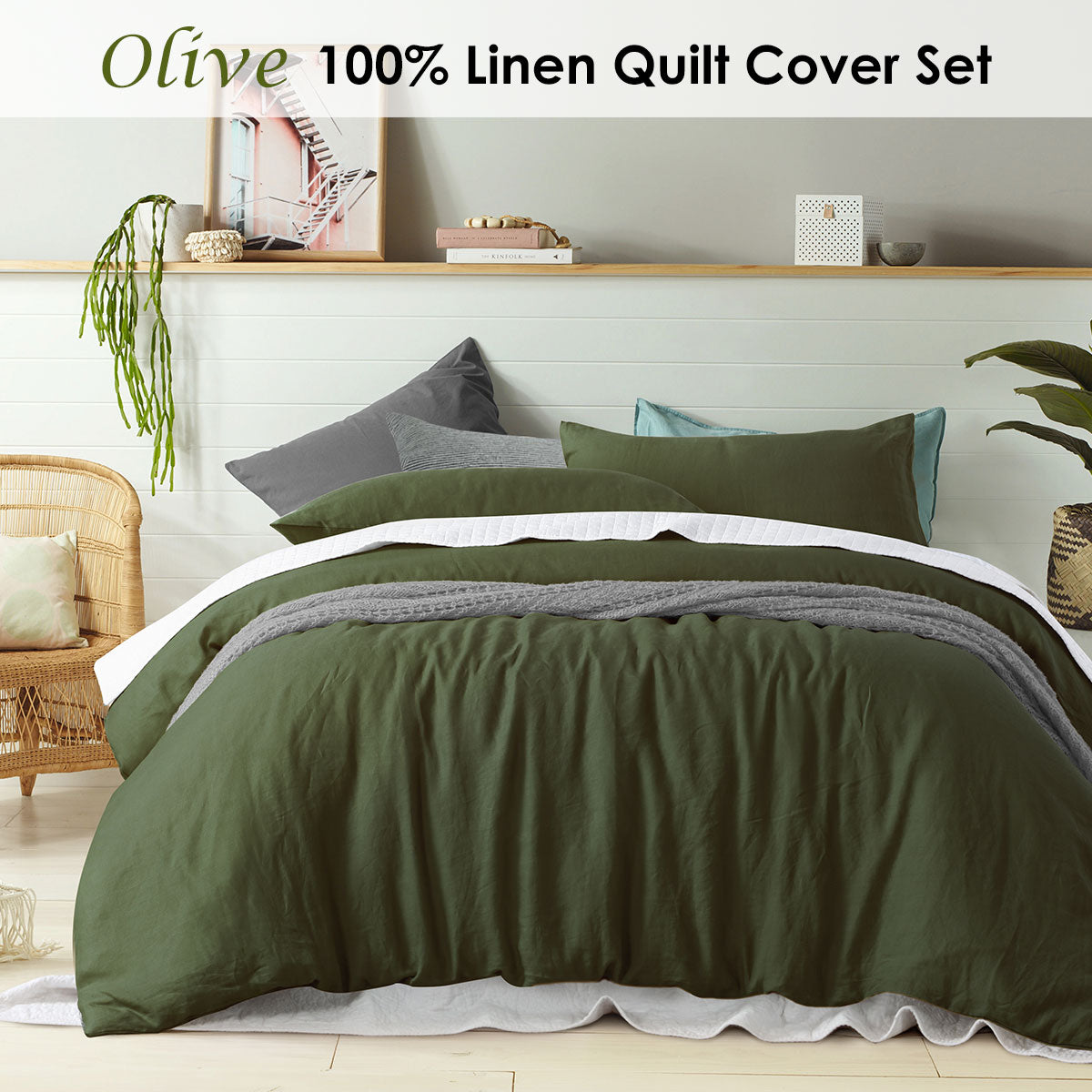 100% Linen Olive Quilt Cover Set Single