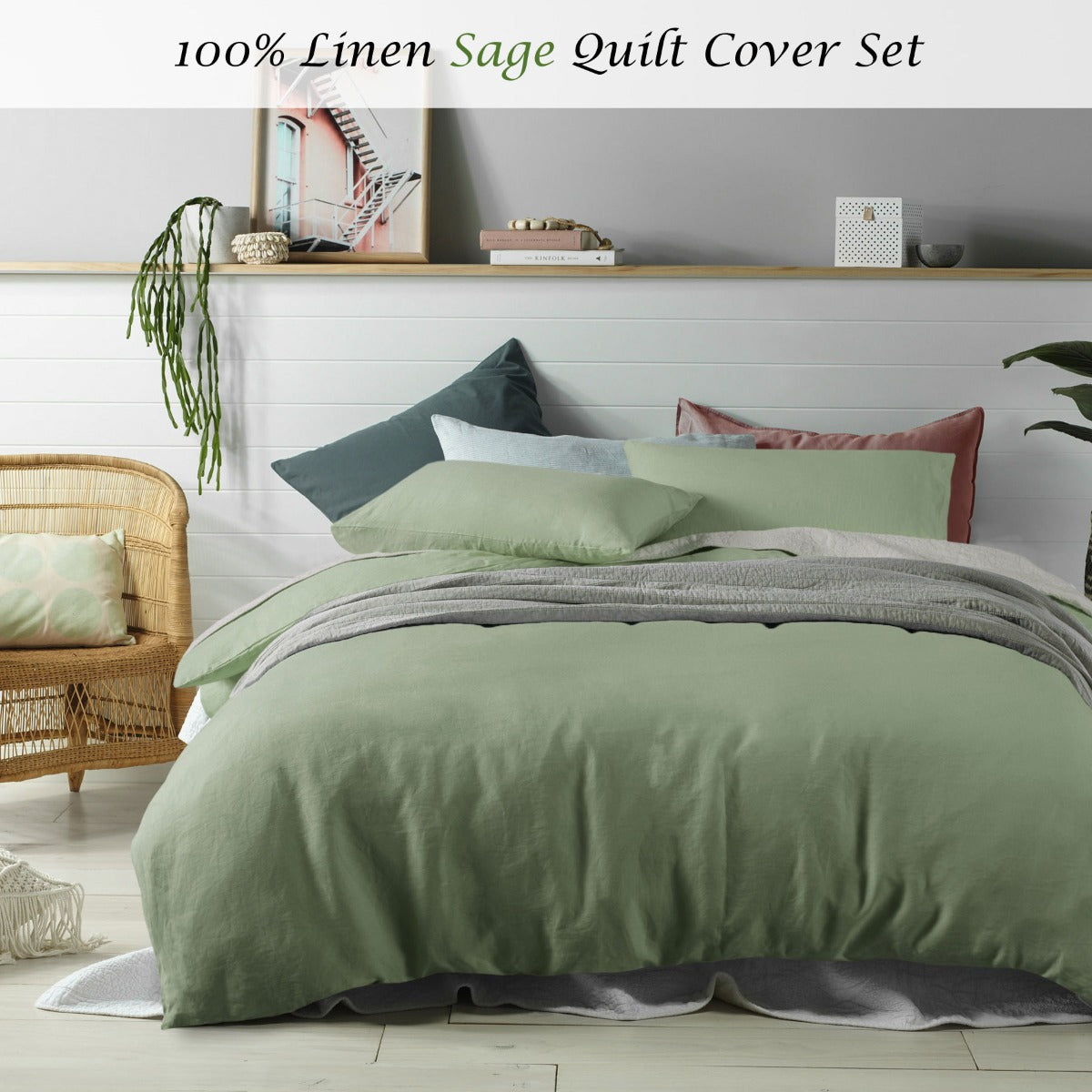 Accessorize 100% Linen Sage Quilt Cover Set Queen