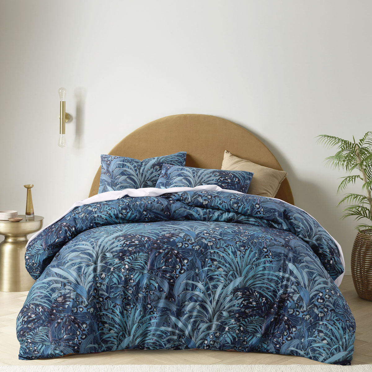 Palm Leopard Blue Cotton Quilt Cover Set Queen