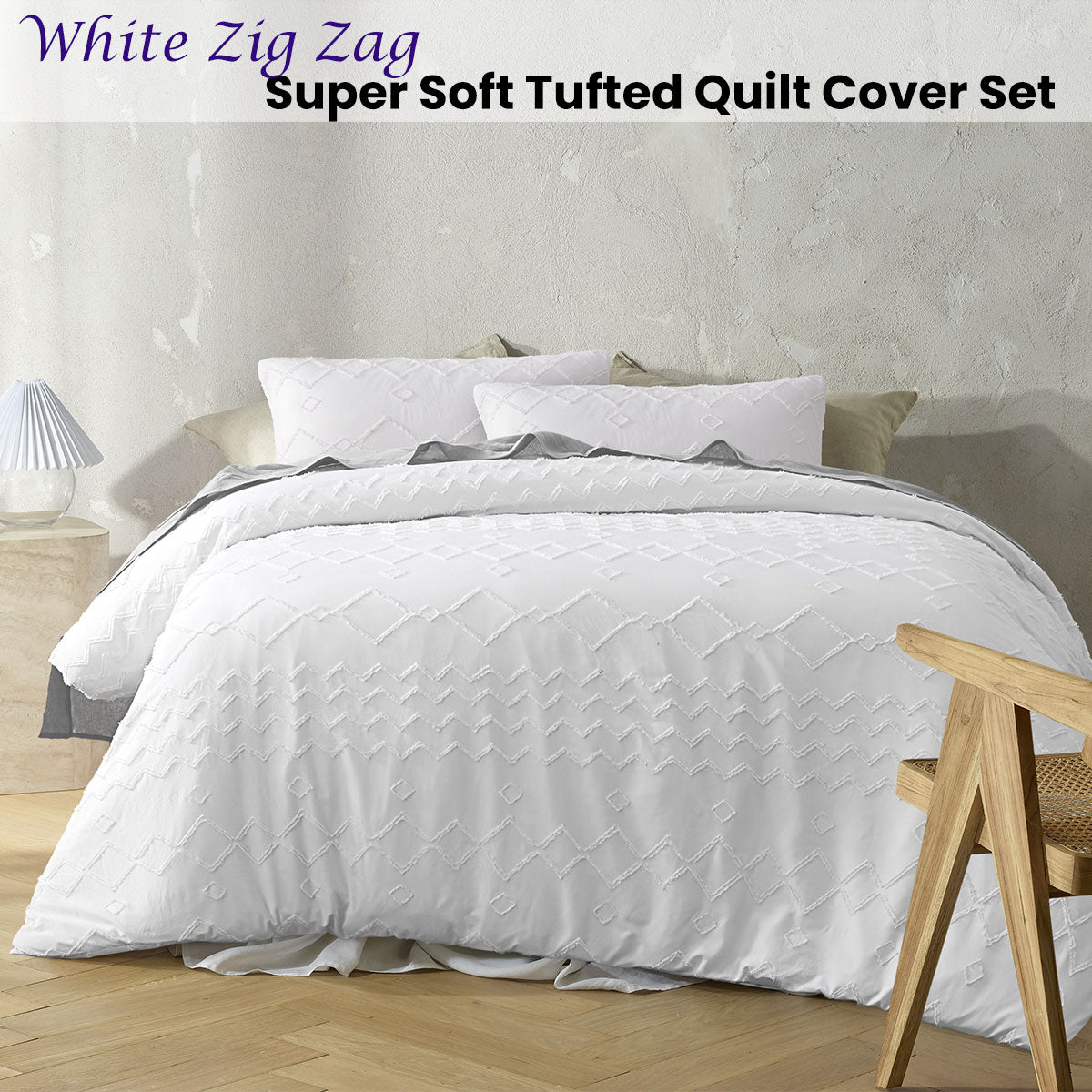 White Zig Zag Super Soft Tufted Quilt Cover Set Queen