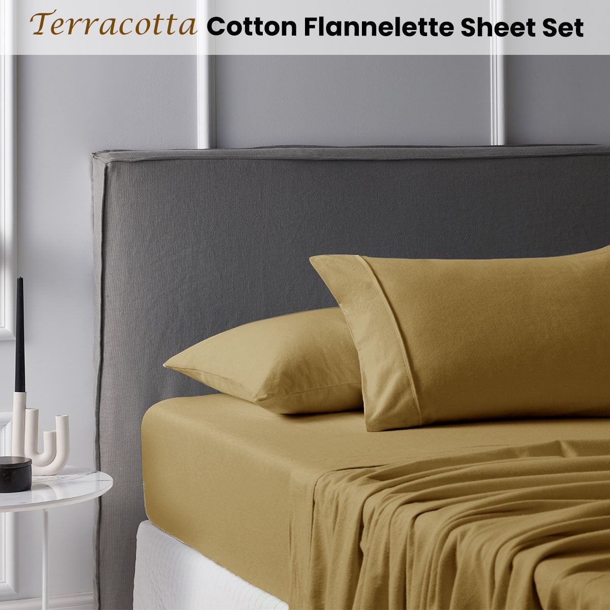 Cotton Flannelette Sheet Set 40cm Wall Terracotta Queen