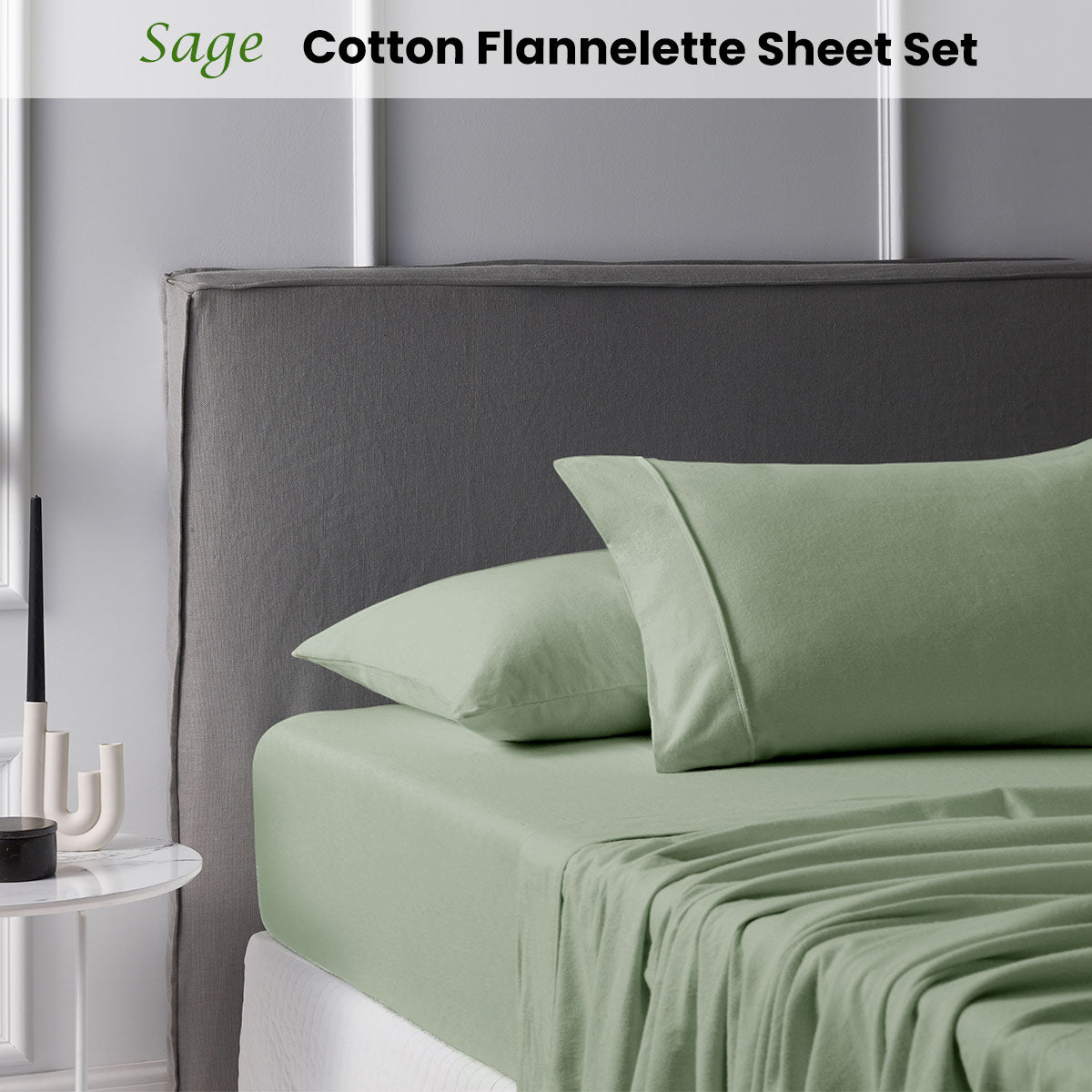 Cotton Flannelette Sheet Set 40cm Wall Sage King