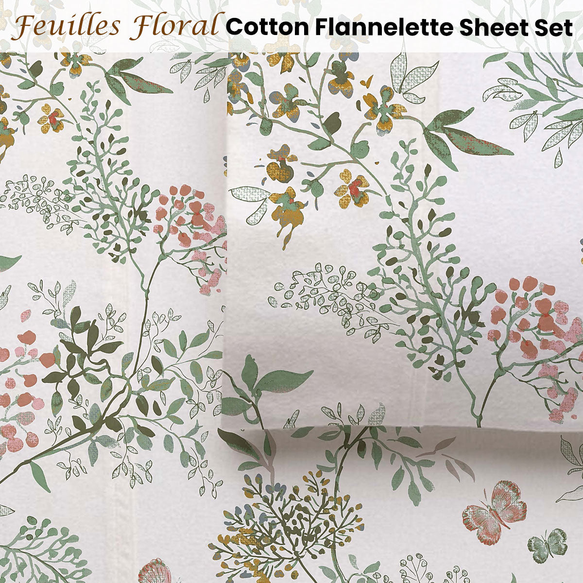 Cotton Flannelette Sheet Set 40cm Wall Feuilles Floral Print King