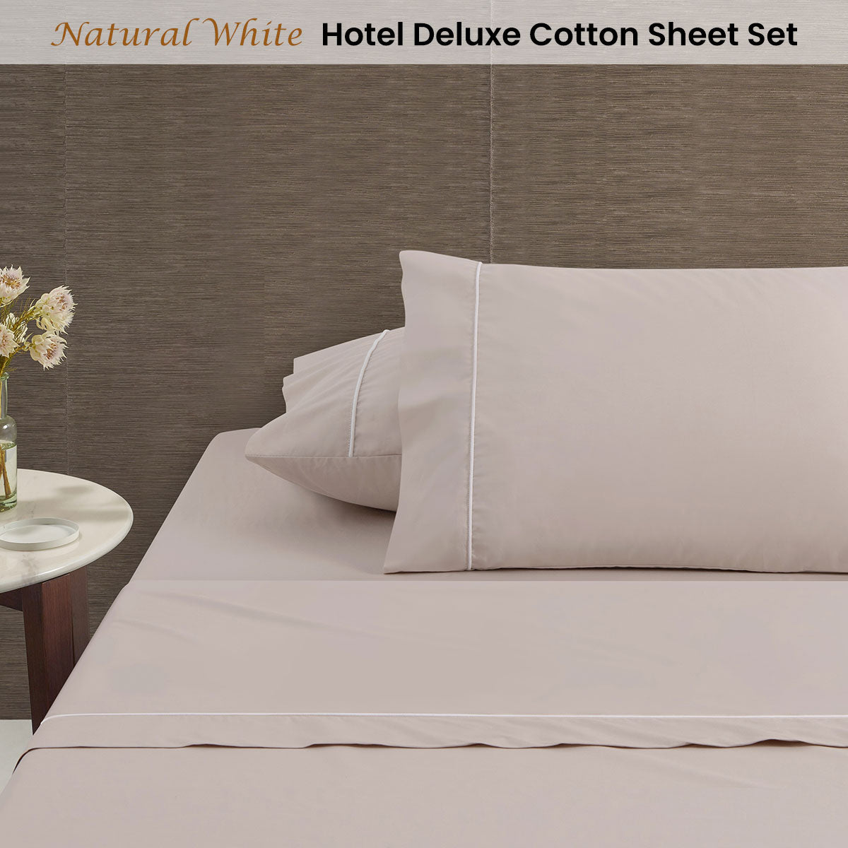 White/Natural Piped Hotel Deluxe Cotton Sheet Set King