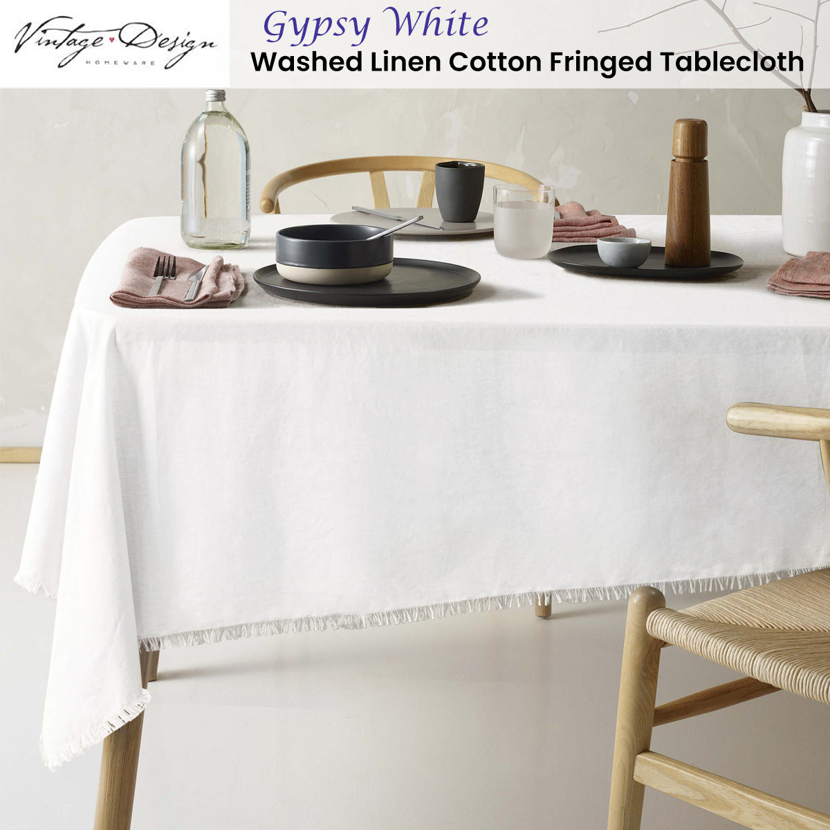 Gypsy White Fringed Washed Linen Cotton Tablecloth 150cm x 230cm