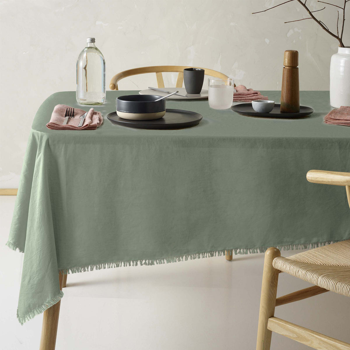 Gypsy Green Fringed Washed Linen Cotton Tablecloth 150cm x 275cm