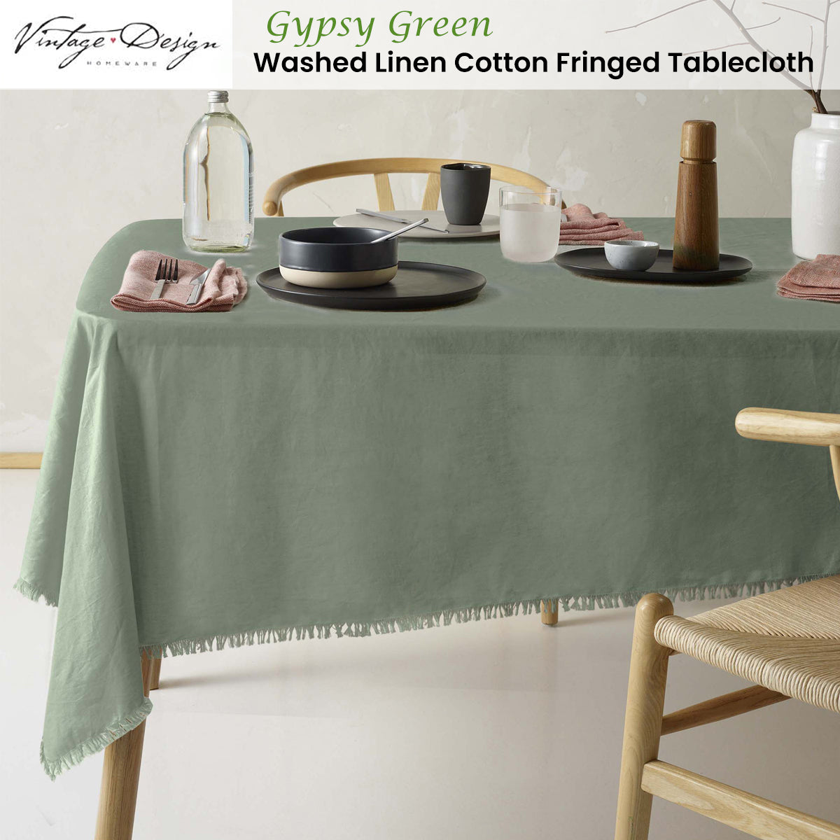 Gypsy Green Fringed Washed Linen Cotton Tablecloth 150cm x 275cm