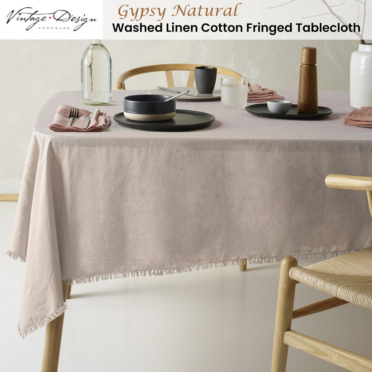 Gypsy Natural Fringed Washed Linen Cotton Tablecloth 150cm x 275cm