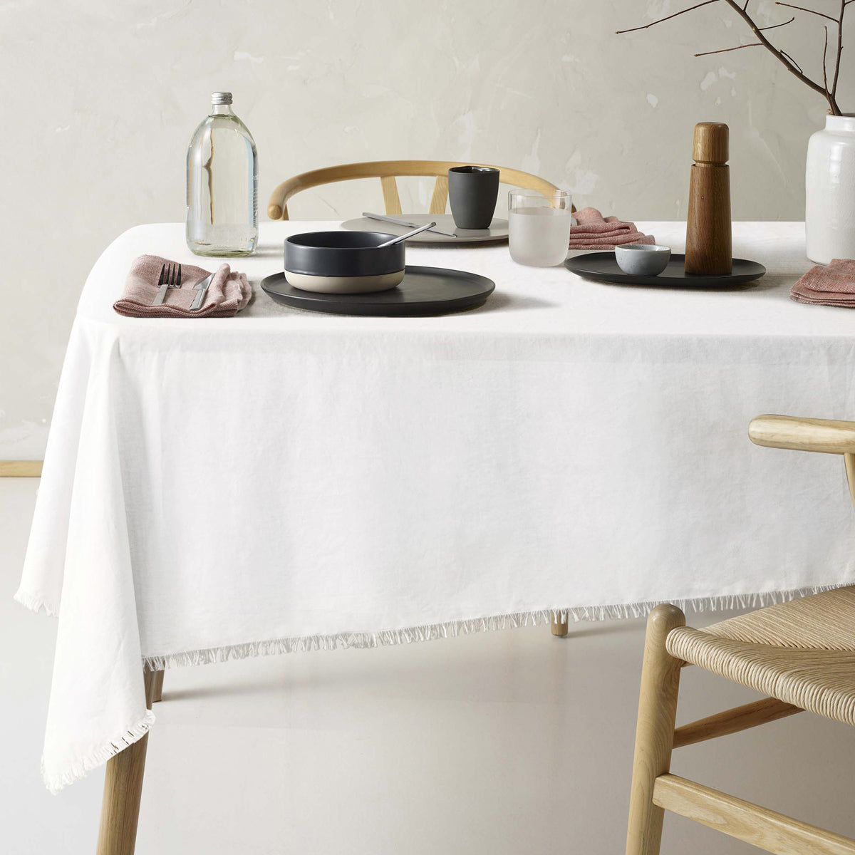 Gypsy White Fringed Washed Linen Cotton Tablecloth 150cm x 300cm