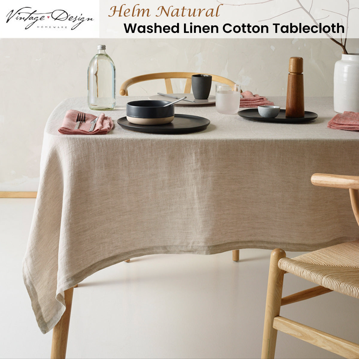 Vintage Design Homewares Helm Natural Washed Linen Cotton Tablecloth 130cm x 180cm