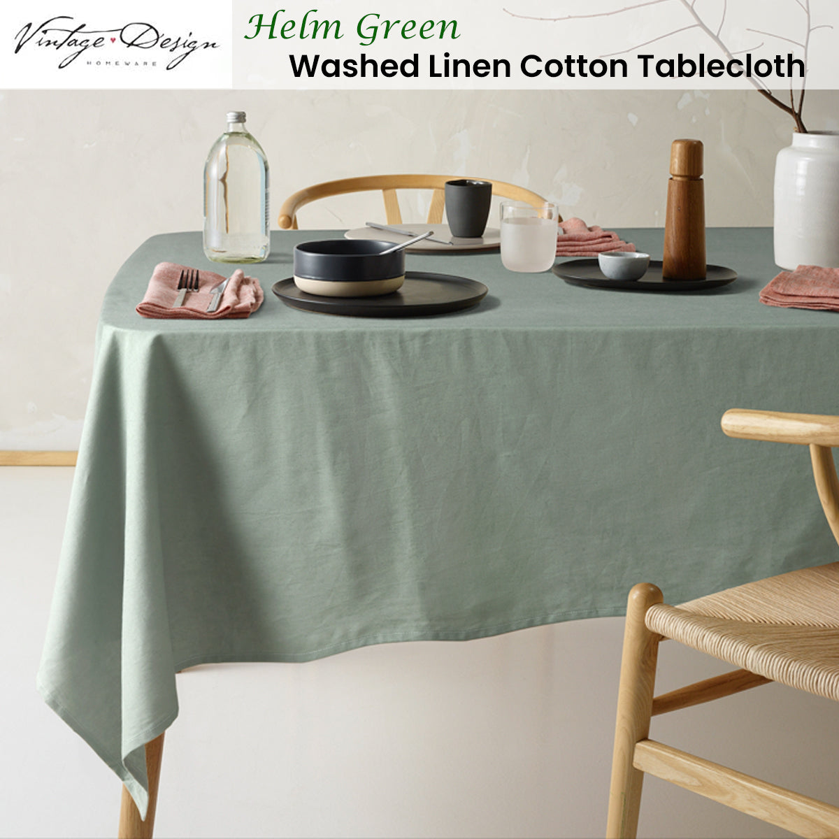 Helm Green Washed Linen Cotton Tablecloth 150cm x 230cm