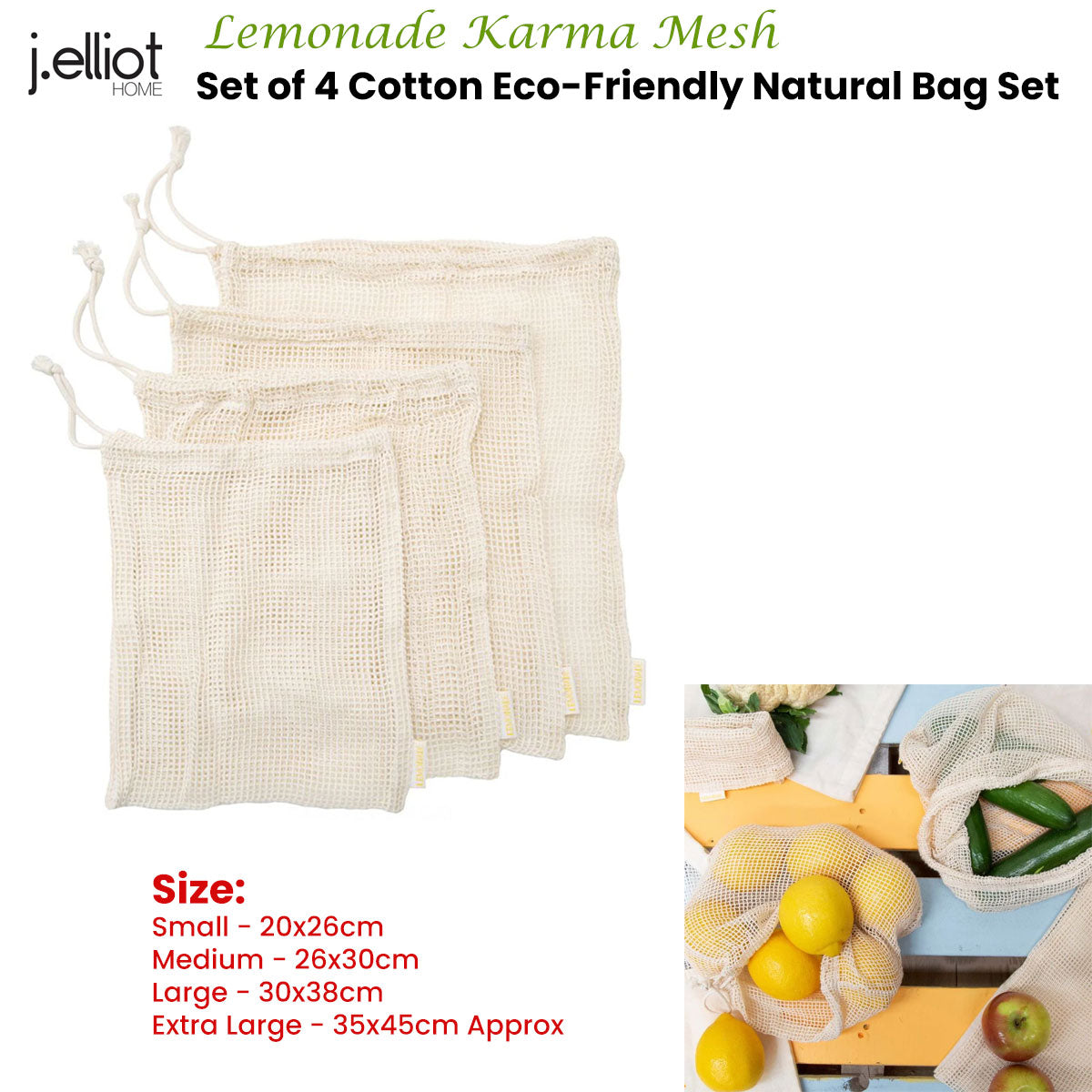 J Elliot Home Lemonade Karma Set of 4 Cotton Eco-Friendly Natural Mesh Storage Bag Set