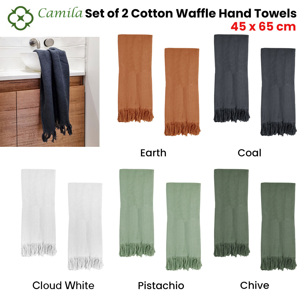 400GSM Camila Set of 2 Cotton Waffle Hand Towels 45 x 65 cm Coal