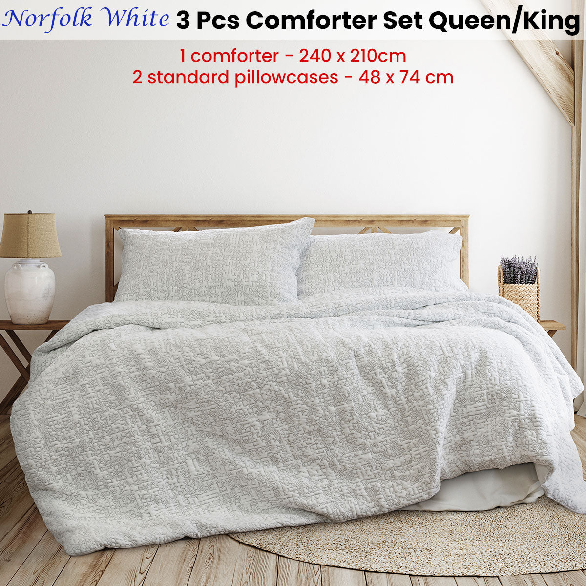 Norfolk White 3 Pcs Embossed Comforter Set Queen/King