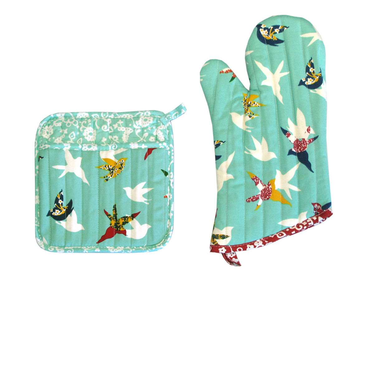 Set of 100% Cotton Printed Oven Mitt + Pot Holder Aqua Birds