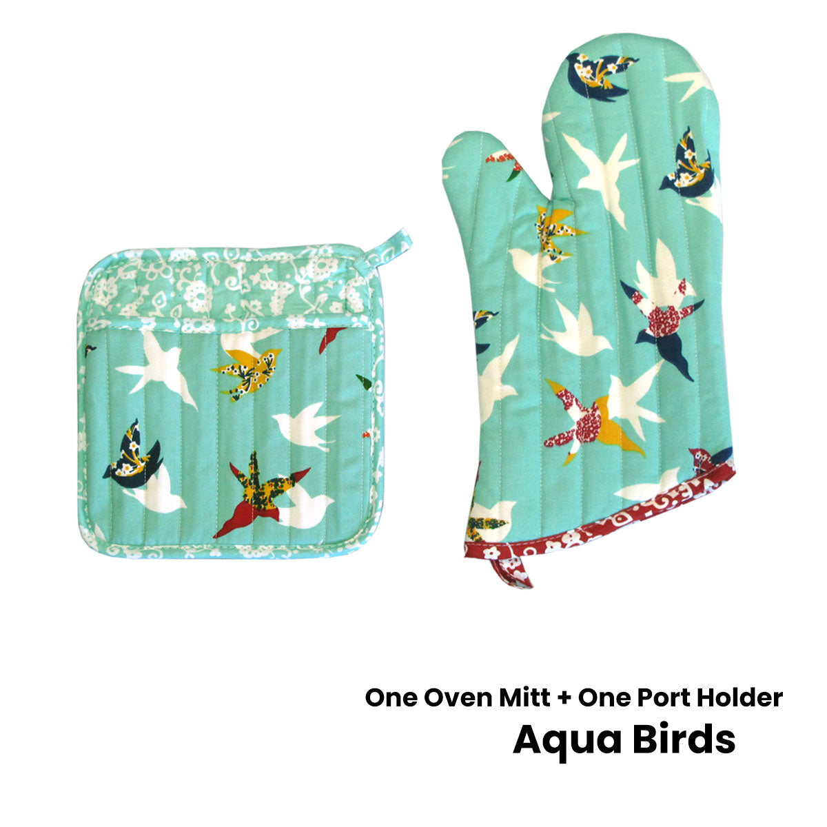 Set of 100% Cotton Printed Oven Mitt + Pot Holder Aqua Birds