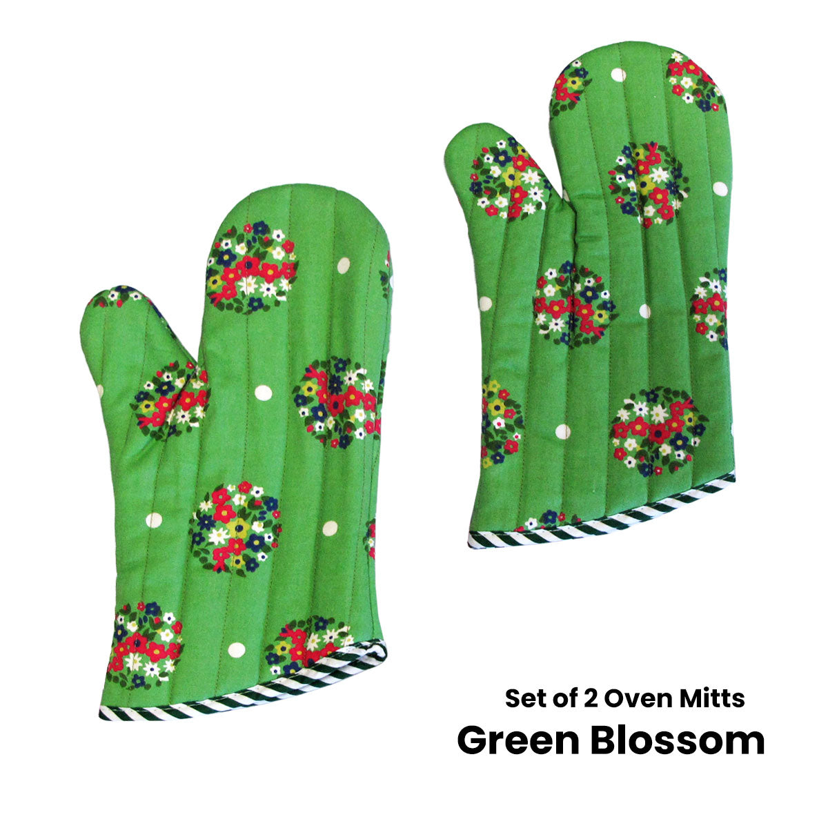 Set of 2 100% Cotton Printed Oven Mitts 34 x 15 cm Green Blossom