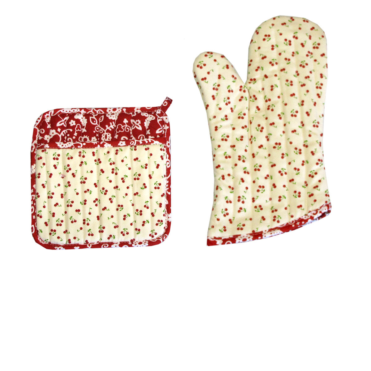 Set of 100% Cotton Printed Oven Mitt + Pot Holder Cream Cherries