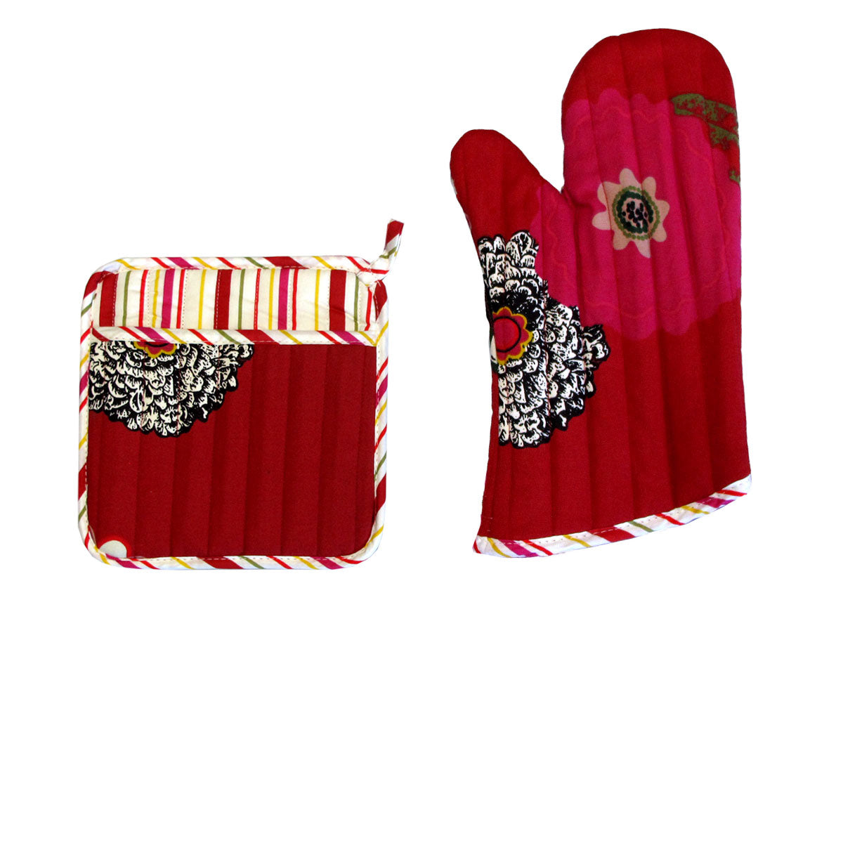 Set of 100% Cotton Printed Oven Mitt + Pot Holder Red Floral