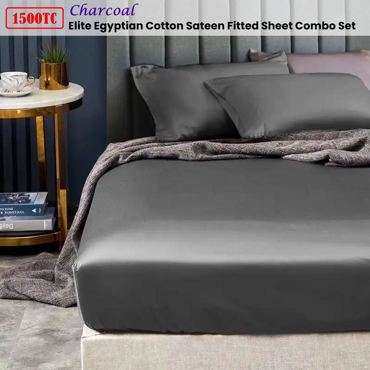 1500TC Elite Egyptian Cotton Sateen Fitted Sheet Combo Set Charcoal Double
