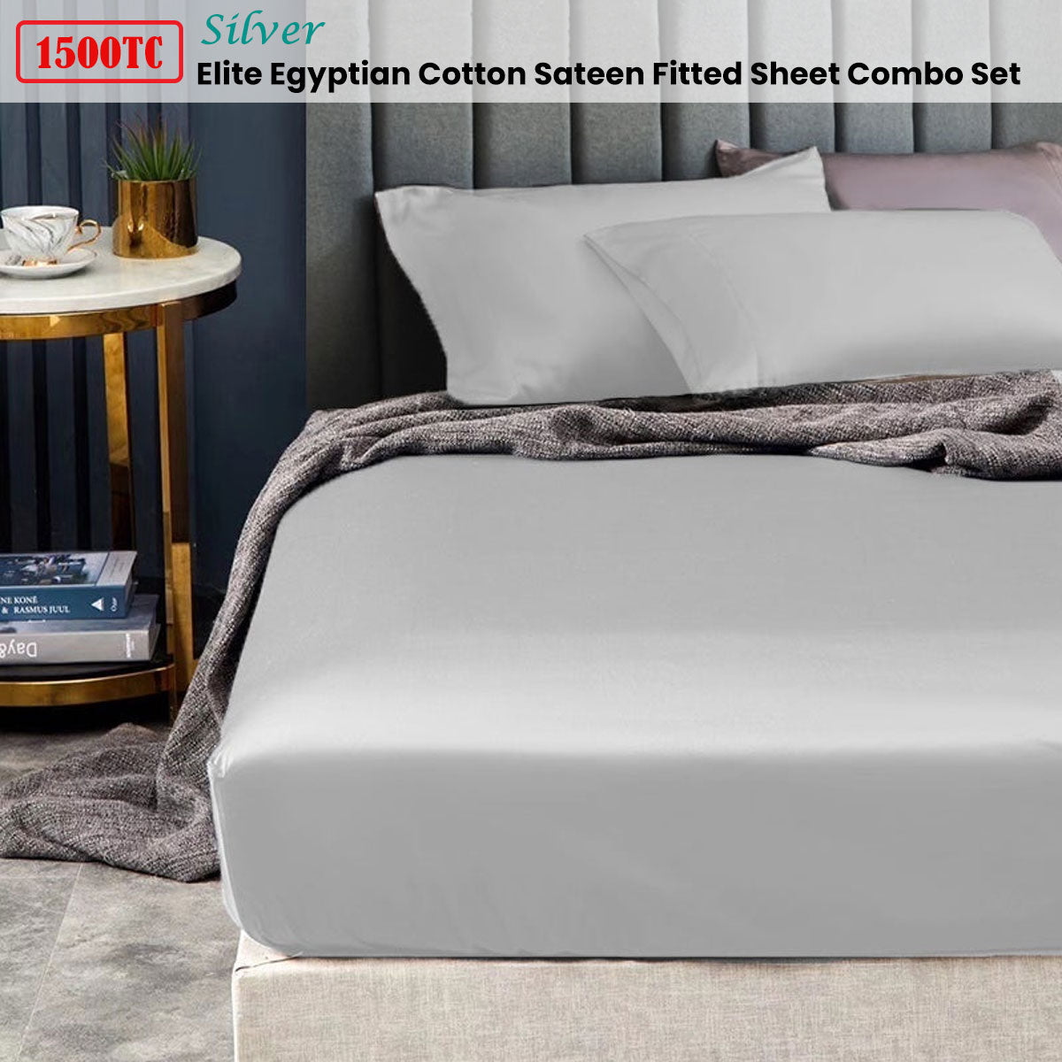 1500TC Elite Egyptian Cotton Sateen Fitted Sheet Combo Set Silver King Single
