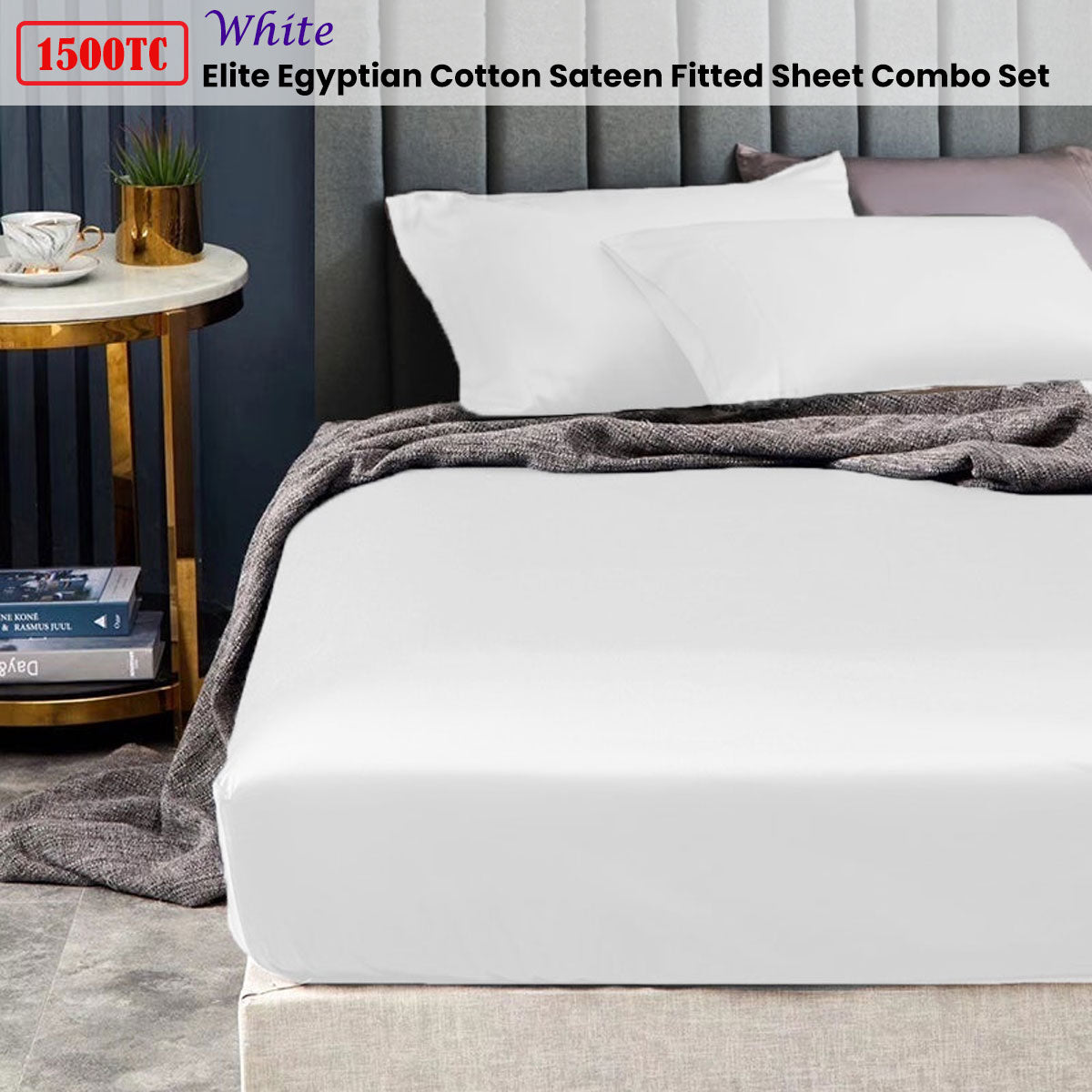 1500TC Elite Egyptian Cotton Sateen Fitted Sheet Combo Set White Single