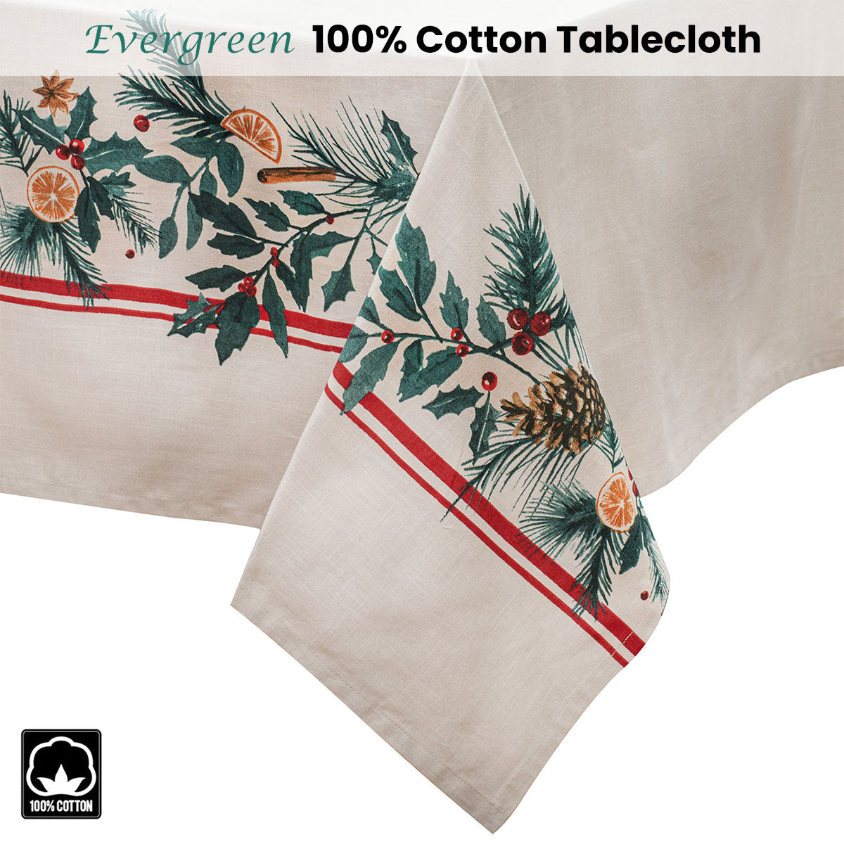 100% Cotton Evergreen Festive Christmas Holiday Tablecloth 150 x 230 cm