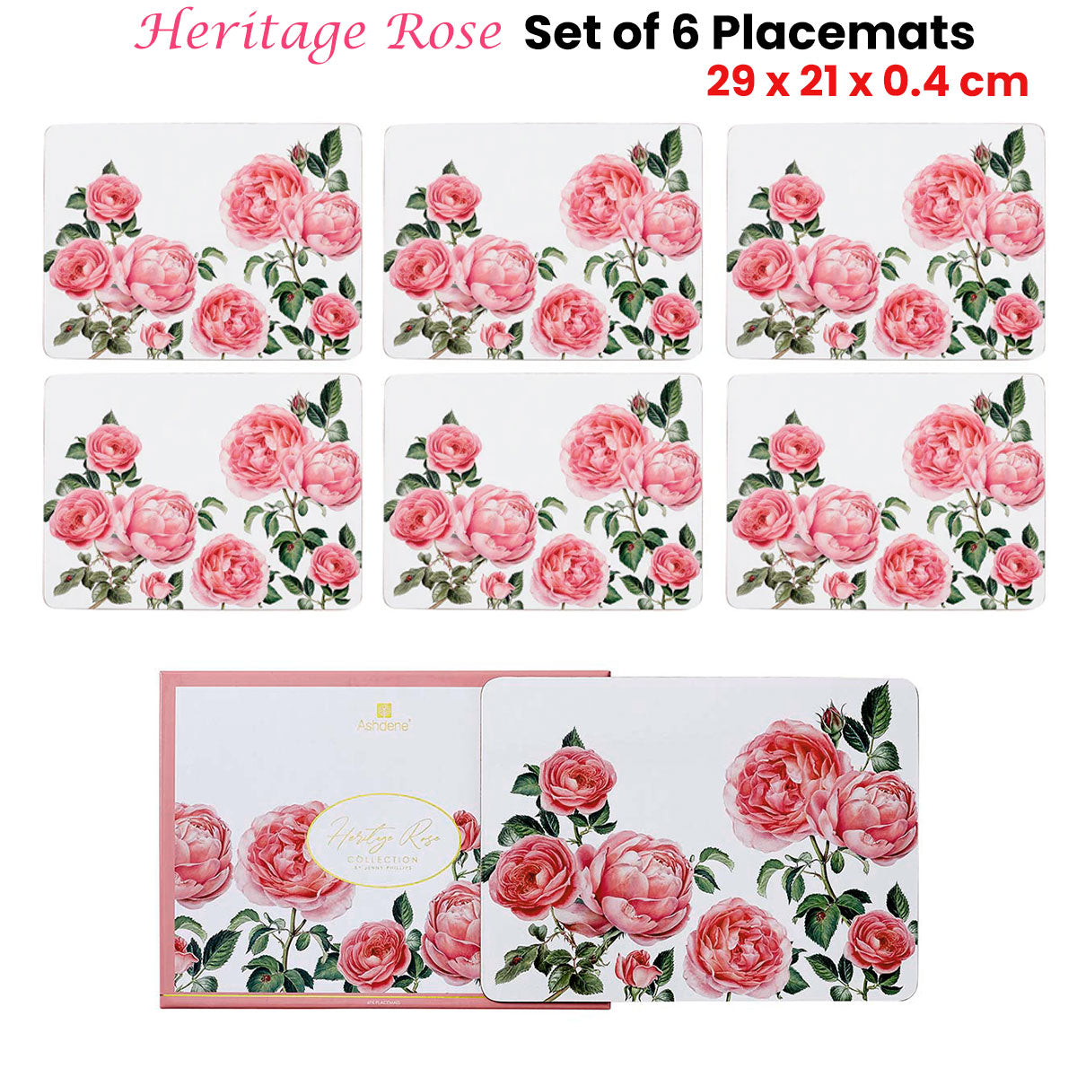 Set of 6 Heritage Rose Table Placemats 29x21x0.4 cm