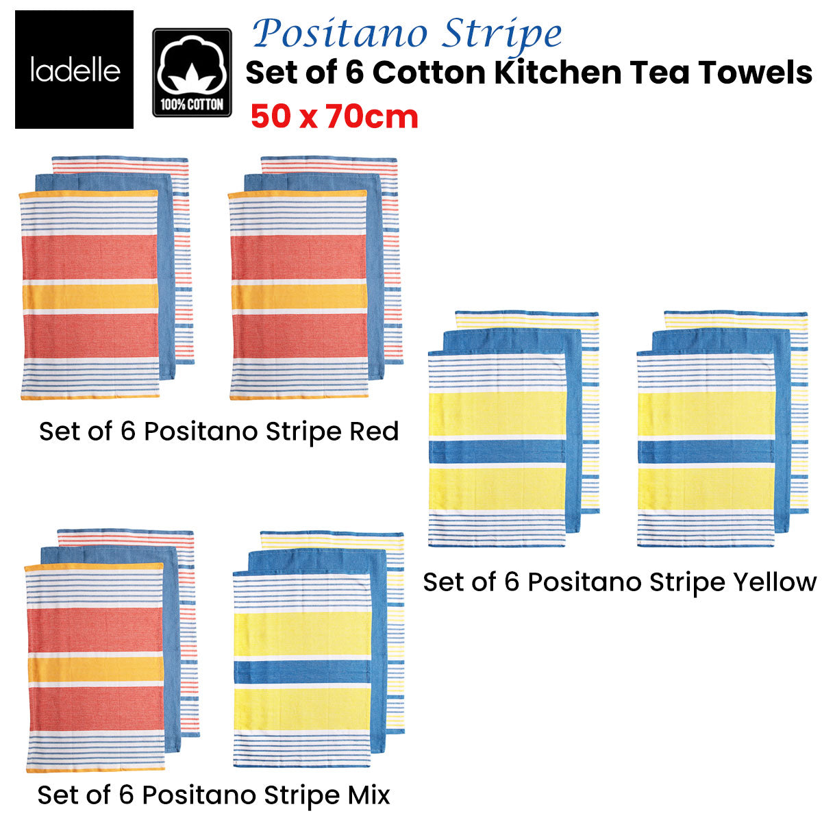 Set of 6 Positano Stripe Cotton Kitchen Tea Towels 50 x 70 cm Mix