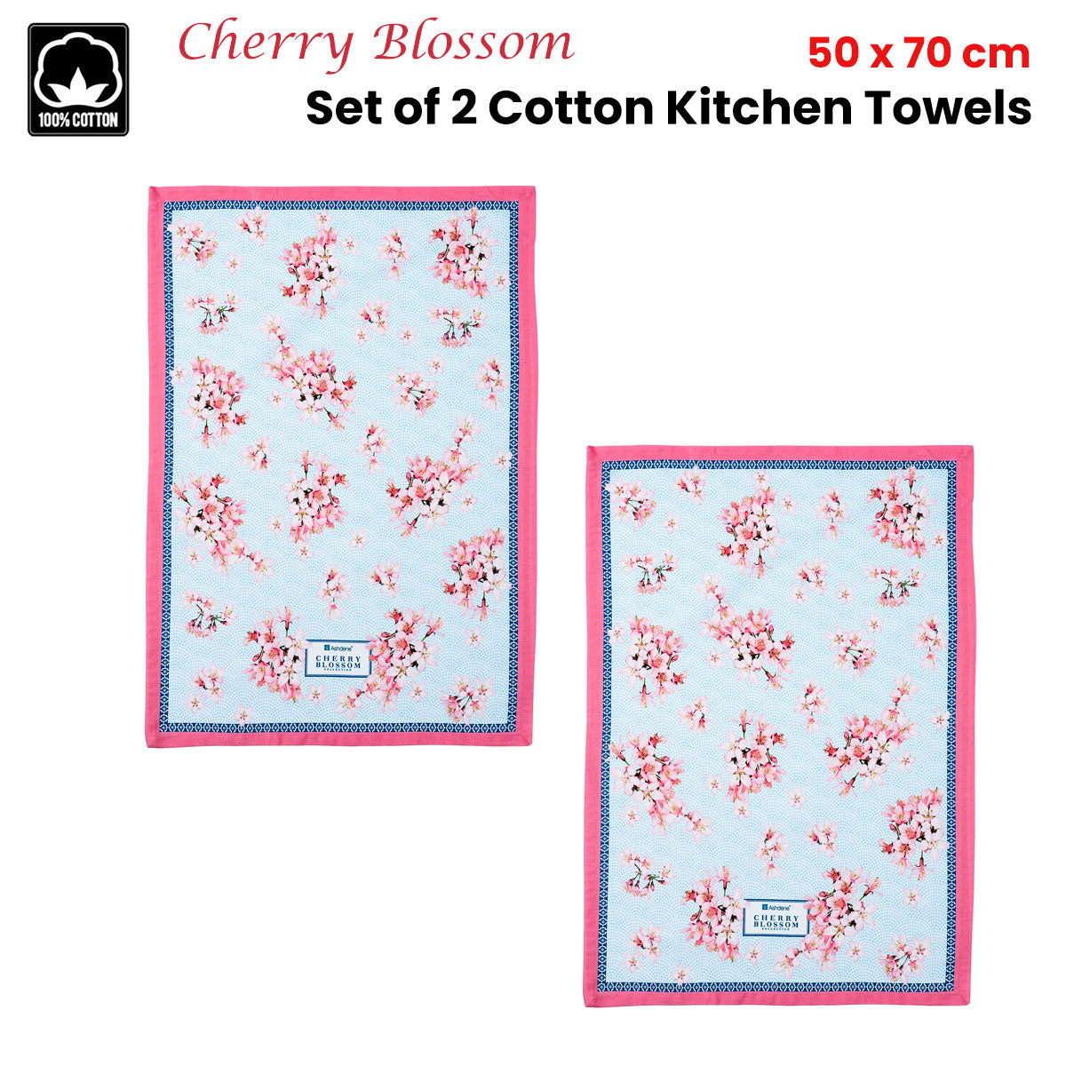 Ashdene Set of 2 Cherry Blossom Cotton Kitchen Tea Towels 50 x 70 cm