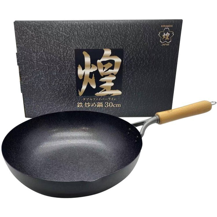 Kirameki Cast Iron Double Fiber Line Stir-fry Wok (Made in Japan) - 30cm