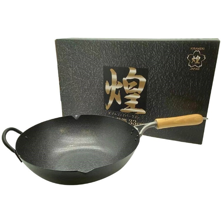 Kirameki Cast Iron Double Fiber Line Stir-fry Wok Made in Japan - 33cm