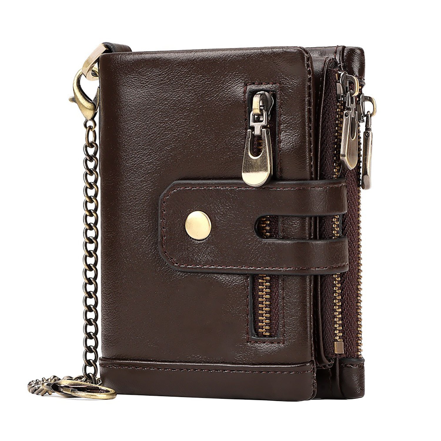 Men's Genuine Leather Wallet RFID Blocking Retro Bifold Zipper Card Holder with Key Chain