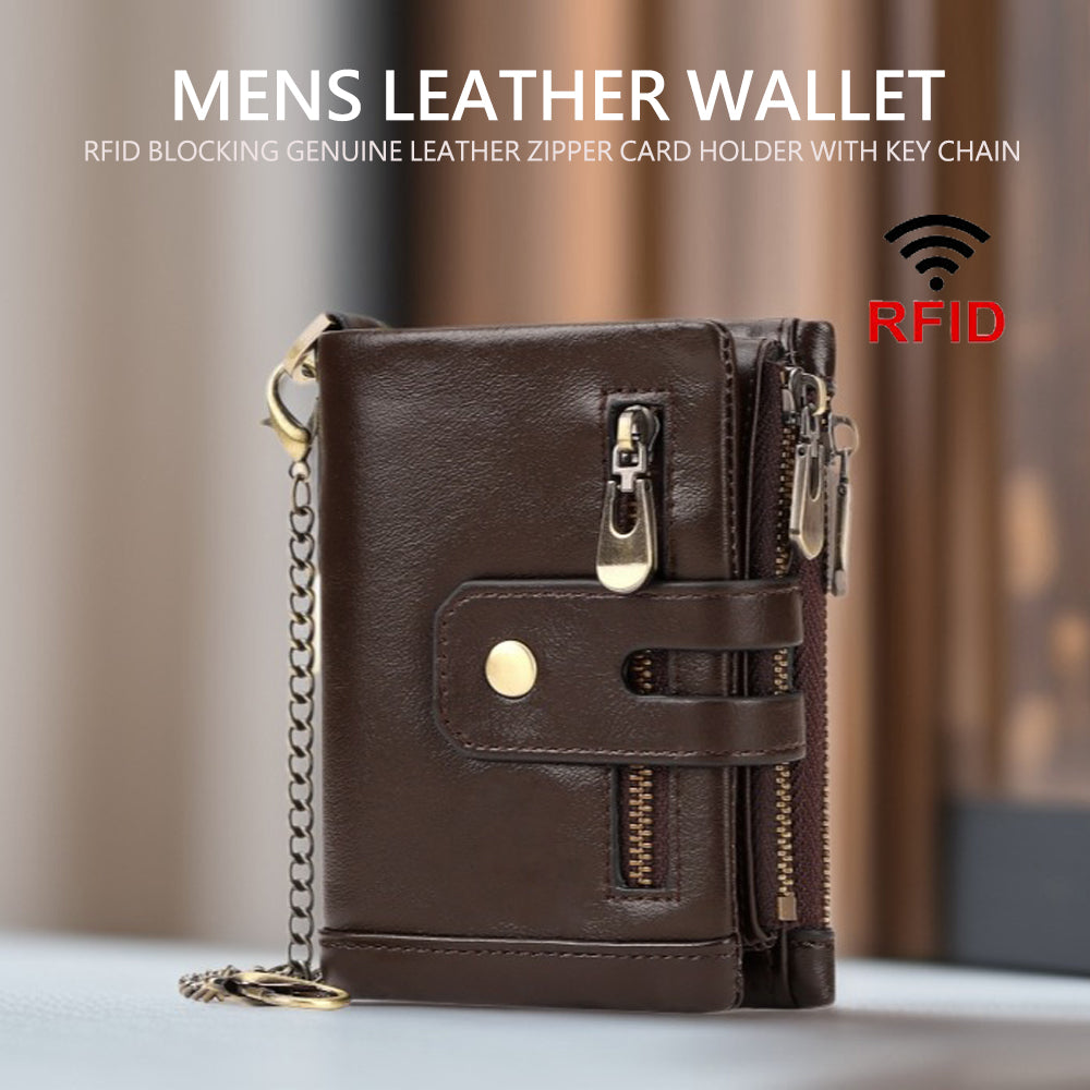 Men's Genuine Leather Wallet RFID Blocking Retro Bifold Zipper Card Holder with Key Chain