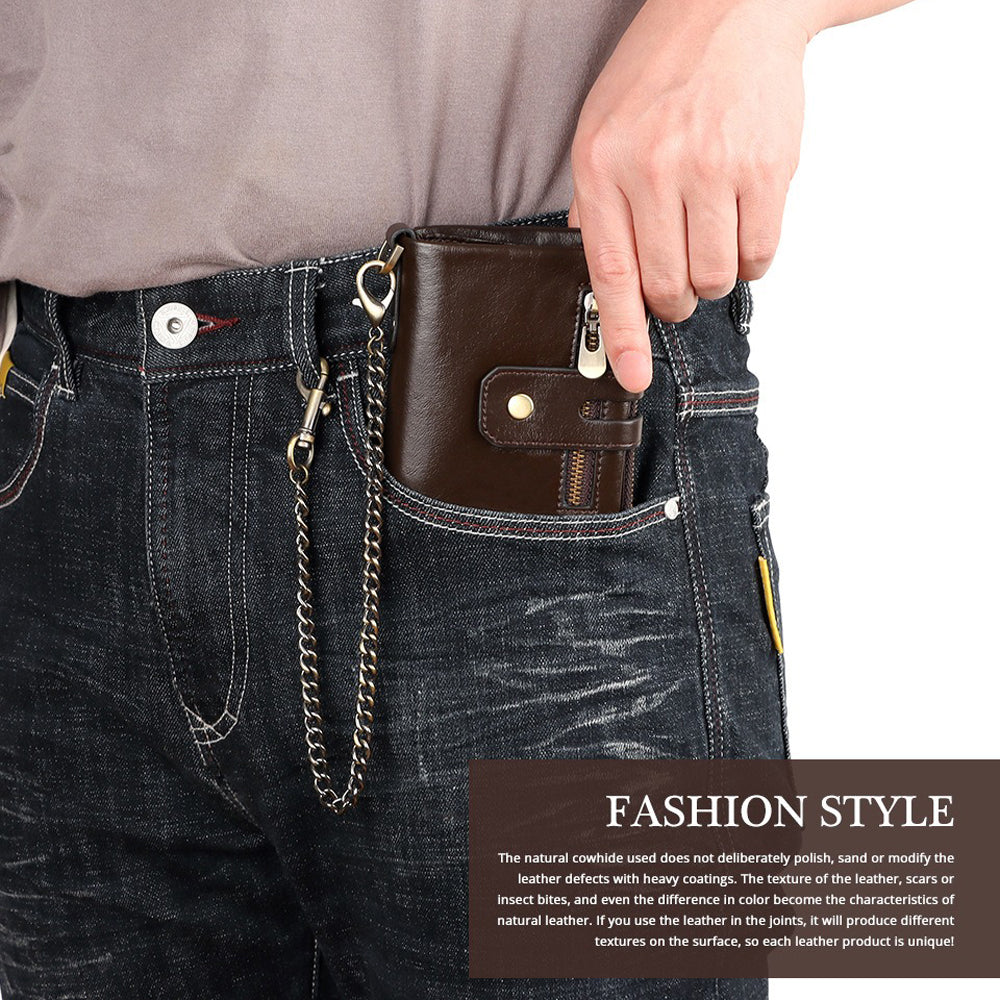 Men's Genuine Leather Wallet RFID Blocking Retro Bifold Zipper Card Holder with Key Chain