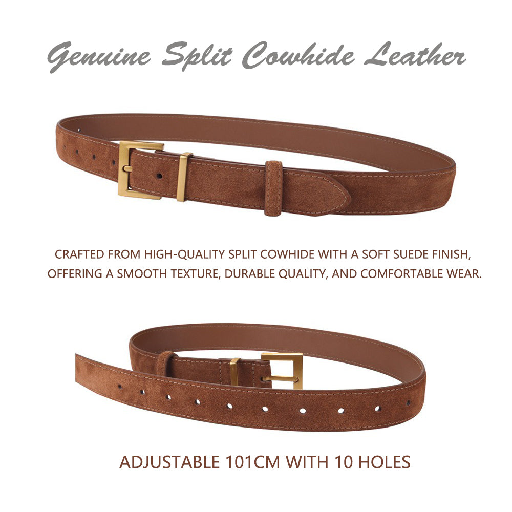 Women's Genuine Suede Leather Belt Classic Pin Buckle Cowhide Belts (Brown)