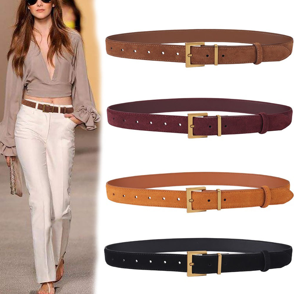 Women's Genuine Suede Leather Belt Classic Pin Buckle Cowhide Belts (Coffee)