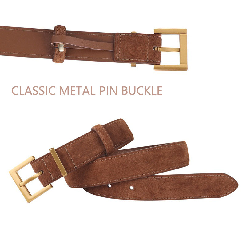 Women's Genuine Suede Leather Belt Classic Pin Buckle Cowhide Belts (Coffee)