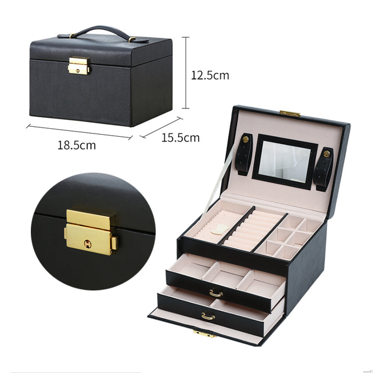 Jewellery Box With Mirror Double Drawers Organizer Storage Lock CaseBlack