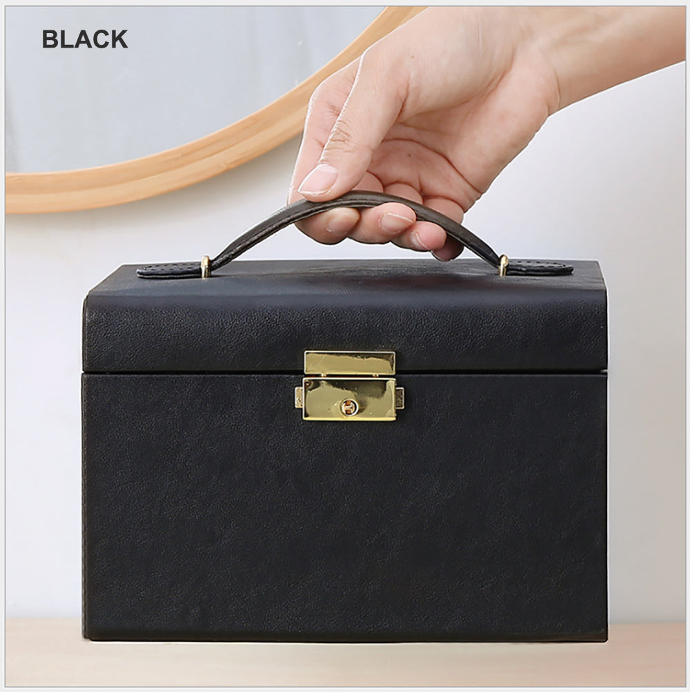 Jewellery Box With Mirror Double Drawers Organizer Storage Lock CaseBlack