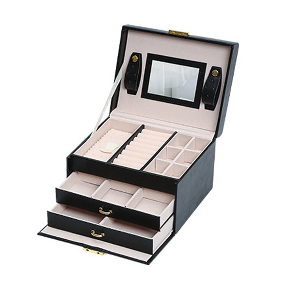 Jewellery Box With Mirror Double Drawers Organizer Storage Lock CaseBlack