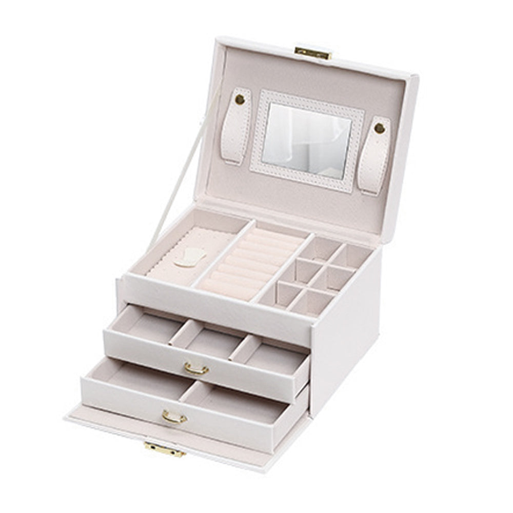 Jewellery Box With Mirror Double Drawers Organizer Storage Lock CaseWhite