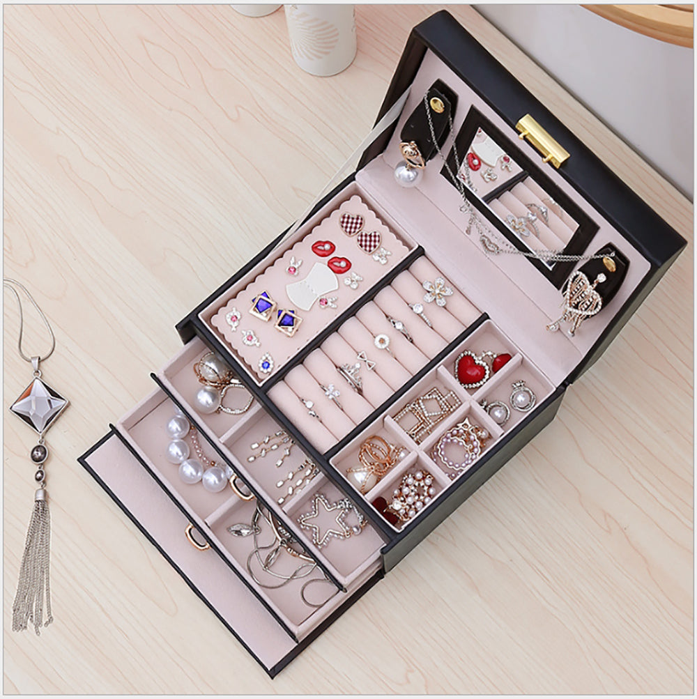 Jewellery Box With Mirror Double Drawers Organizer Storage Lock CaseWhite